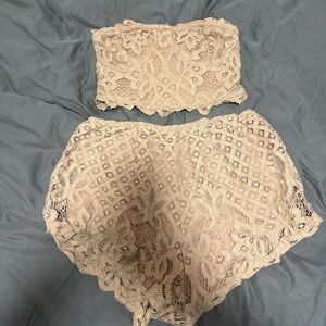 Lace Strapless Top and Shorts Set - Cream